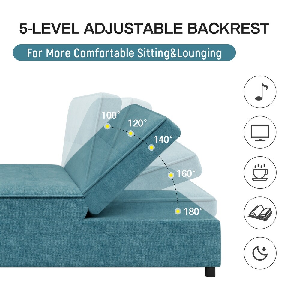 Pull out Sleeper Sofa Folding Ottoman Recliner with Pocket  Teal Blue