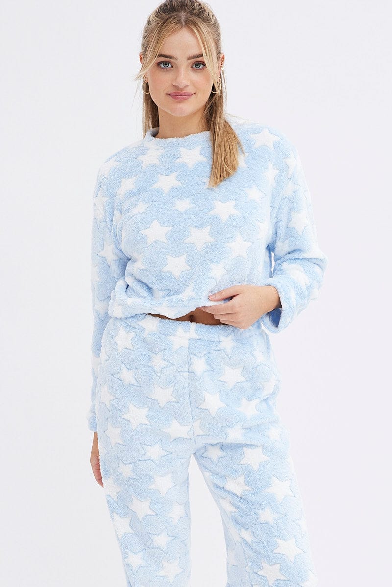Blue Print Fluffy Pj Star Print Cosy Pyjama Set