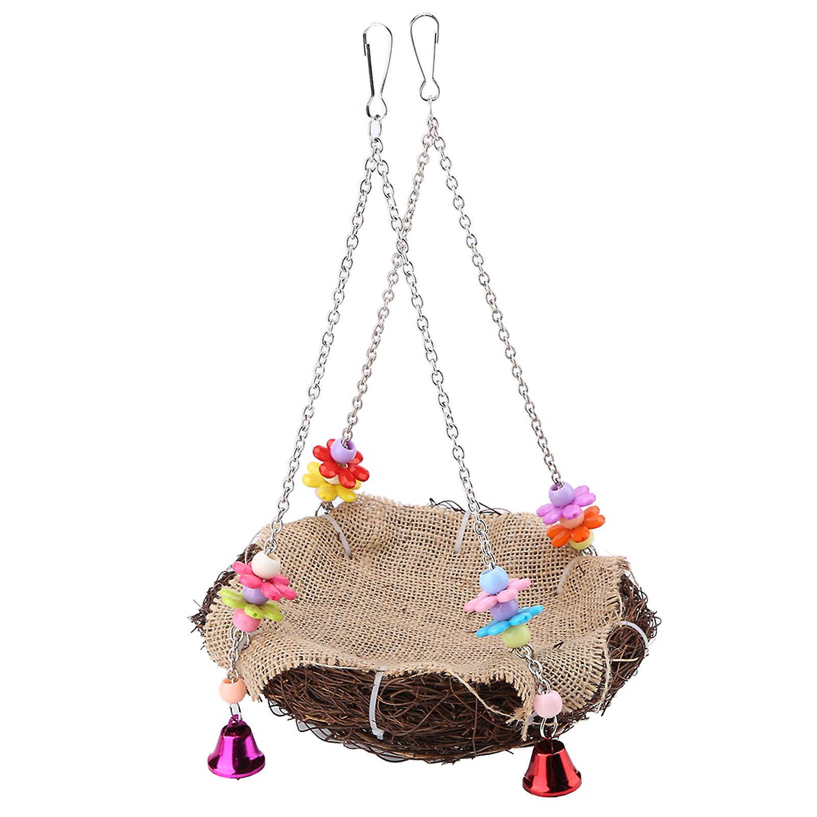 Rattan Nest Bird Hanging Nest Toy With Bells Bird Swing Standing Perch Toy Cage Hammock(l)