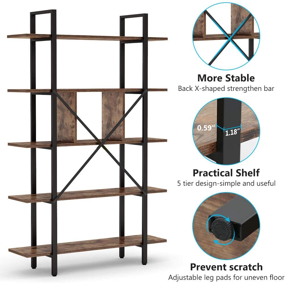 5-Tier Bookshelf,  Industrial Bookcase Display Storage Shelf