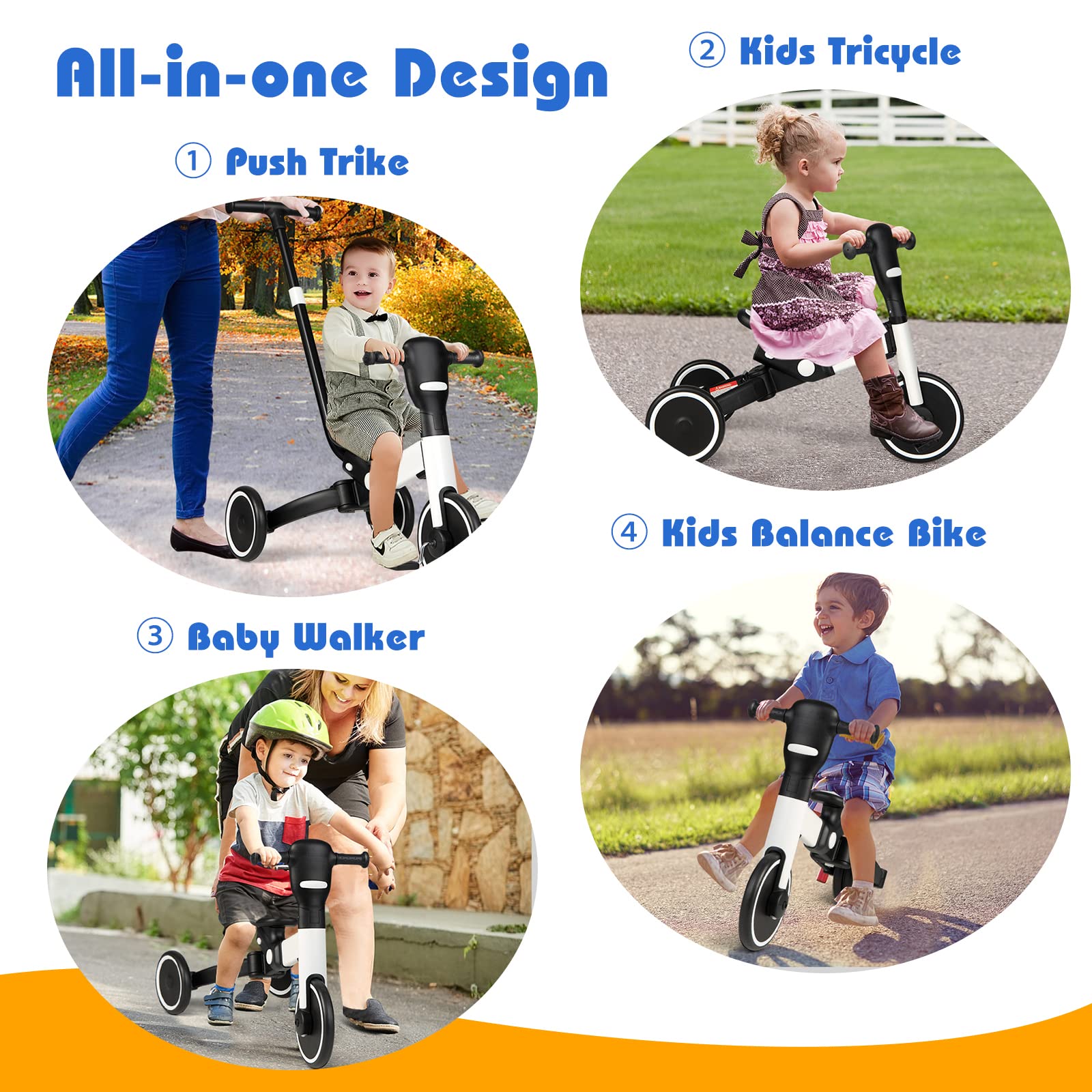 Costzon 4 in 1 Toddler Tricycle, Folding Kids Trike Baby Balance Bike