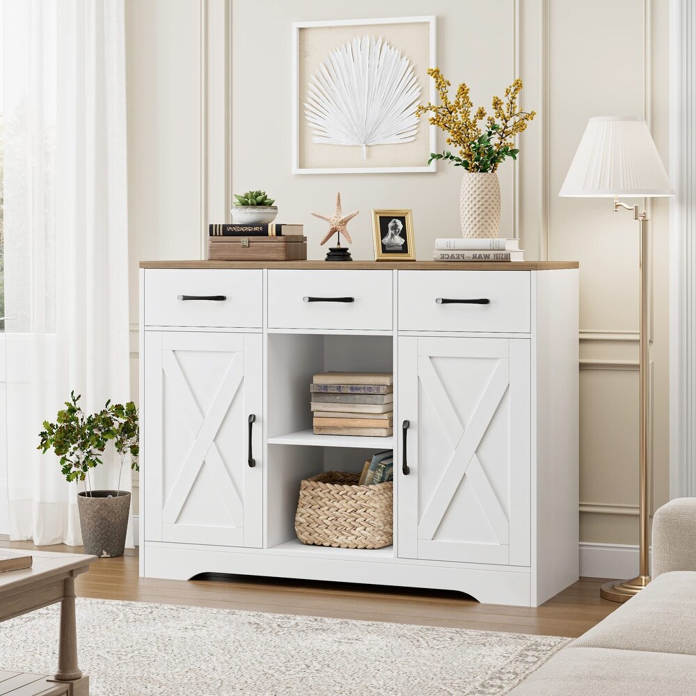 Modern Farmhouse Buffet Storage Cabinet  Barn Doors Wood Sideboard with Drawers and Shelves For Coffee Bar  Kitchen  Dining Room