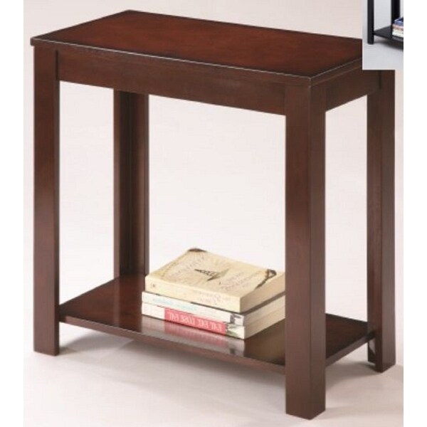 Transitional Chair Side Table Warm Brown Finish Flat Table Top Featuring a warm brown finish lower inlay shelf offers room