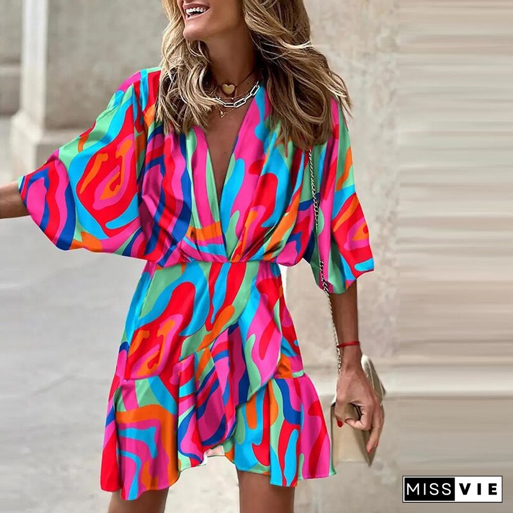 Women Deep V Button Print Loose Beach Dress Fashion Flared Sleeve Pleated Midi Party Dress Summer Casual Street Pullover Dresses