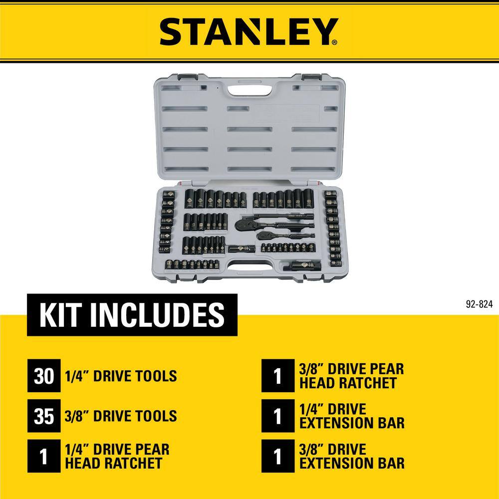 Stanley 14  38 in. Drive Black Chrome SAE 69-Piece Mechanic Tool Set 92-824