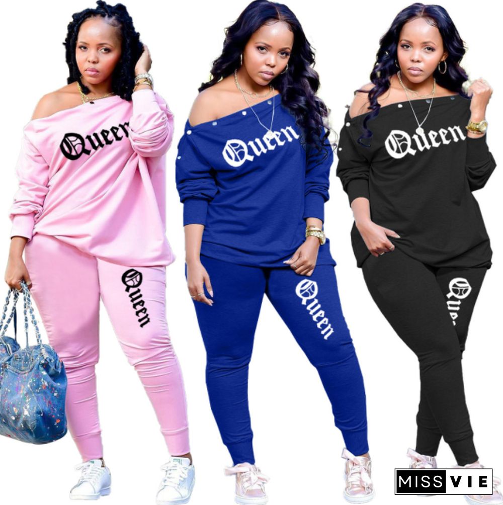 Letter Off Shoulder T-shirt Jogger Pants Tracksuit