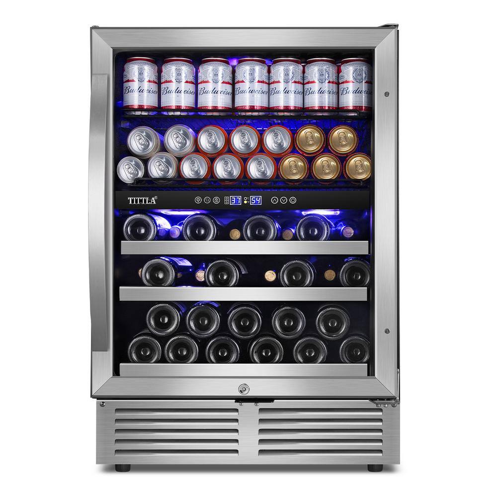 TITTLA 23.47 in. Dual Zone 29-Wine Bottles  90-Cans Beverage  Wine Cooler in Silver Reversible Door Hinge Interior Blue LED KMYC150-2