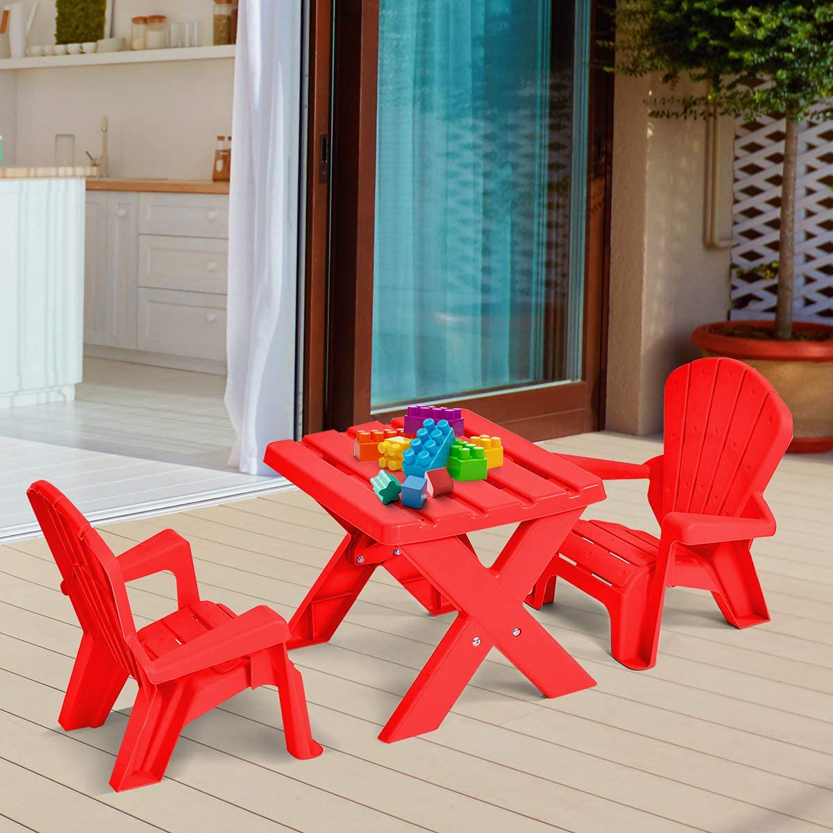 Costzon Kids Plastic Table and 2 Chairs Set, Adirondack Chair for Indoor & Outdoor Garden