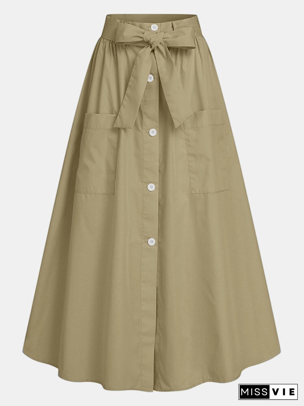 Solid Color Button Pocket Knotted Long Casual Skirt for Women