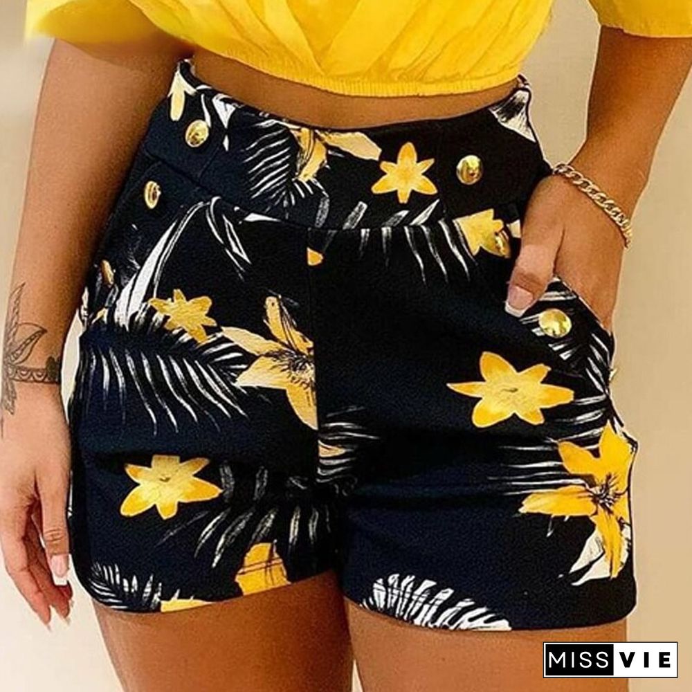 Two-piece Set Of Off-shoulder Ruched Top And Tropical Print Shorts For Women