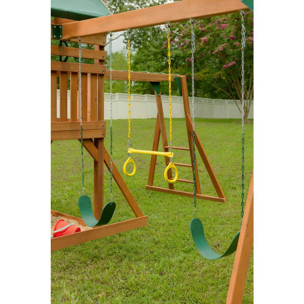 Creative Cedar Designs Mountain View Lodge Playset with Wooden Roof Monkey Bars and Multi-Color Swing Set Accessories and Green Slide 3431