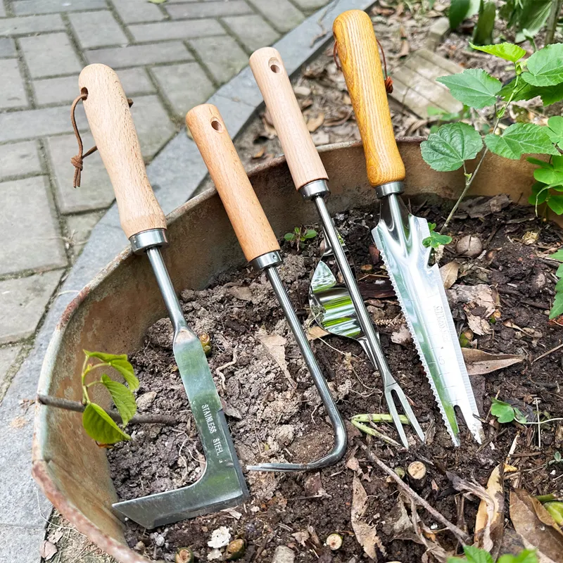 Stainless Steel  Gardening Hand Tools with Wooden Handle Weeder knife Rake Trowl Transplanter Pruner Digging Garden grass weeder