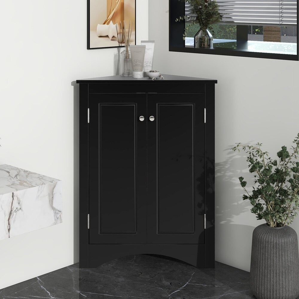 Black Bathroom Corner Cabinet Triangle Floor Storage Cabinet with Adjustable Shelves Freestanding Kitchen Food Pantry