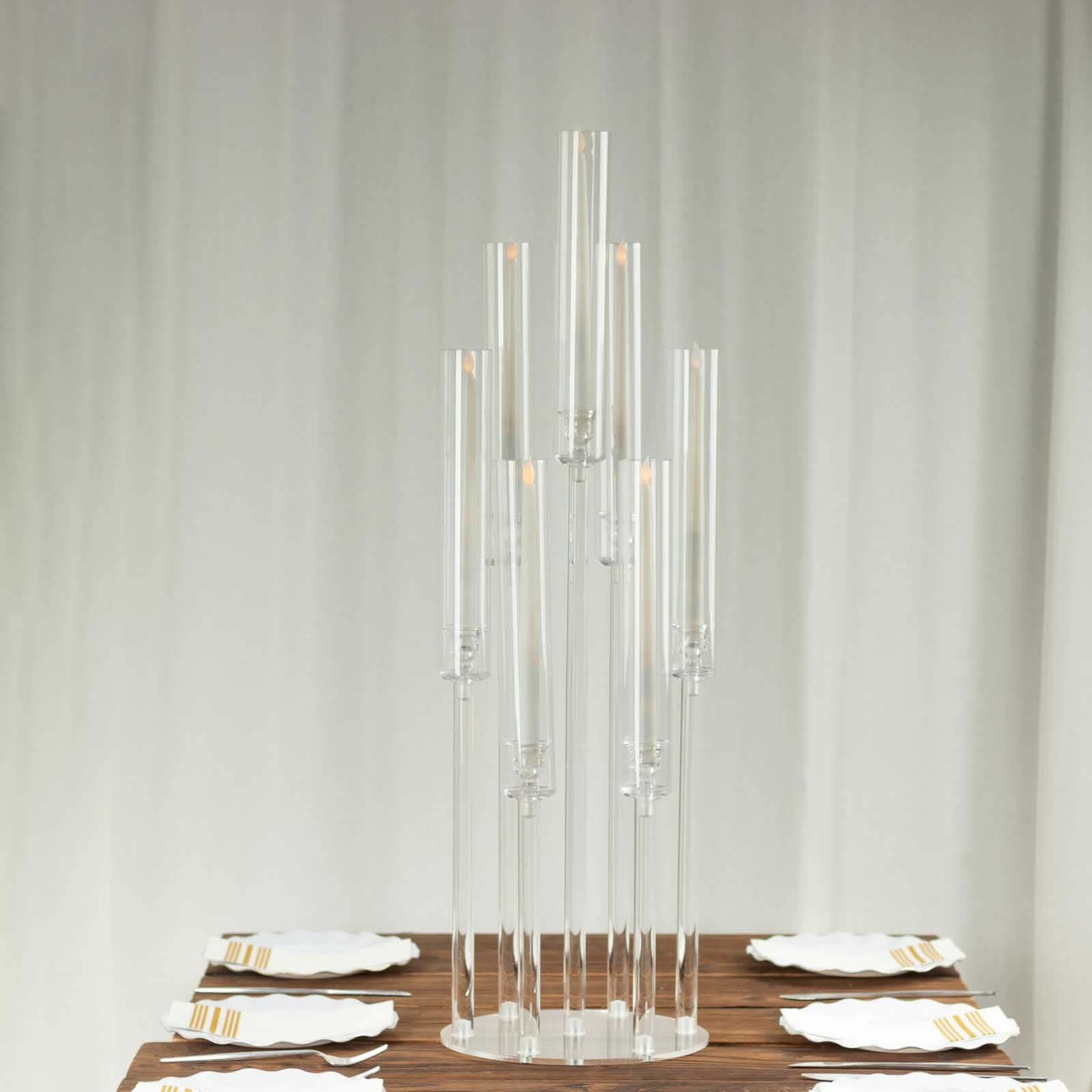 7 Arm Clear Acrylic Cluster Round Taper Candle Holder Candelabra, Pillar Candle Stick Stand With Circular Base - 33