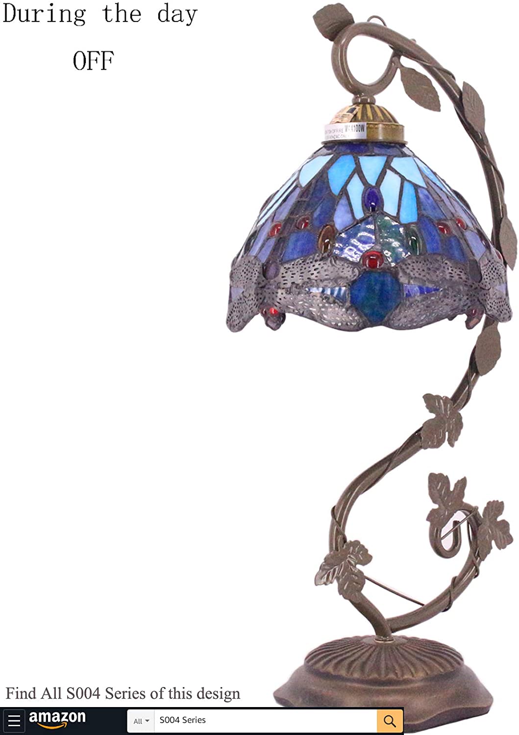 SHADY  Lamp Blue Stained Glass Dragonfly Style Table Lamp  Metal Leaf Base 8X10X21 Inches Desk Light Decor Small Space Bedroom Home Office S004 Series