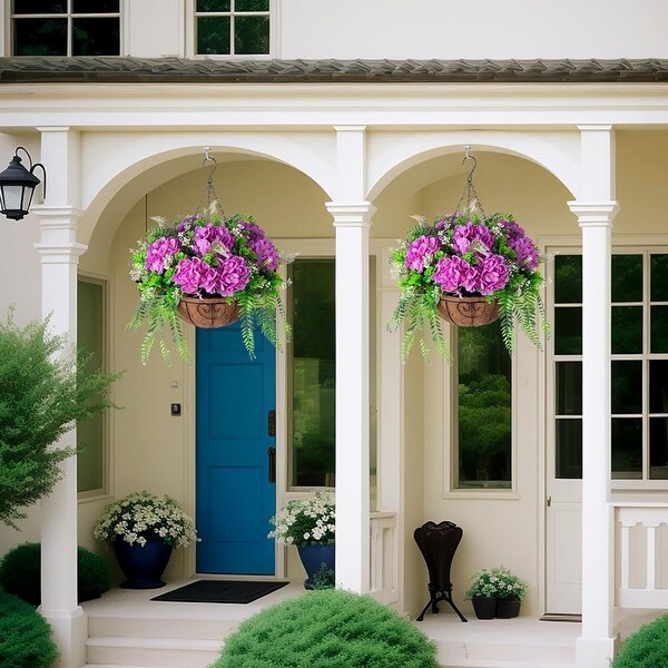 Artificial Flowers in Hanging Basket Planter for Home Spring Summer Decoration，Silk Hydrangea Outdoor Indoor Arrangements