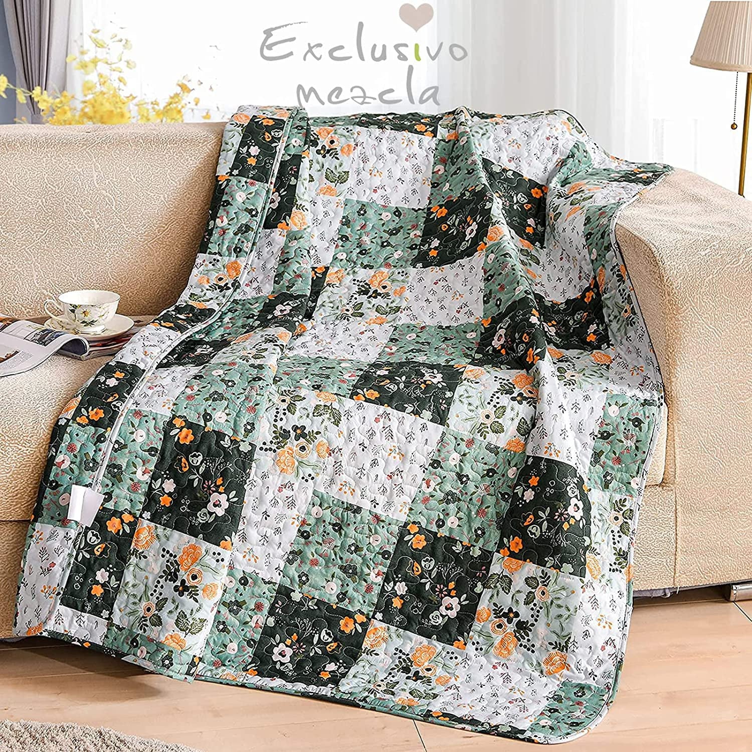 Exclusivo Mezcla Microfiber Boho Patchwork Pattern Quilted Throw Blanket for Bed/Couch/Sofa， Soft and Lightweight (50