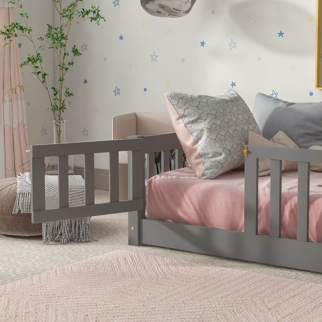 Twin Size Floor Bed for Kids, Wood Twin Montessori Bed Frame with Fence Guardrails and & Support Slats, Twin Playhouse Bed with Door Design, Kids Fence Bed Playpen Bed for Toddler, Boys ,Girls, Gray