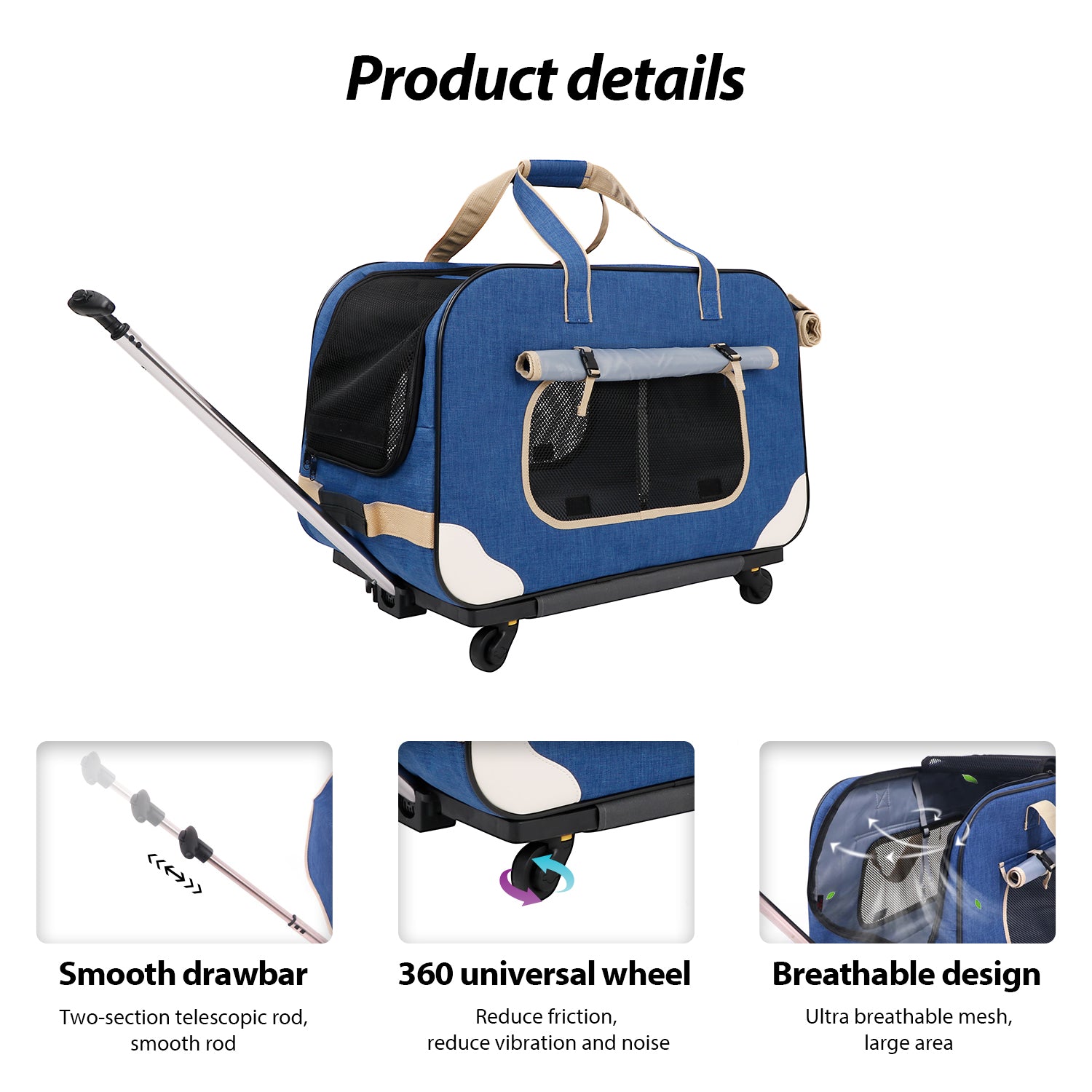 ELEGX Pet Rolling Carrier with Wheels for Up to 35 LBS，with Durable Handle and Flexible Wheels，Four Sides and Bottom Sponge Filling(Large Space-Not Airline Approved)