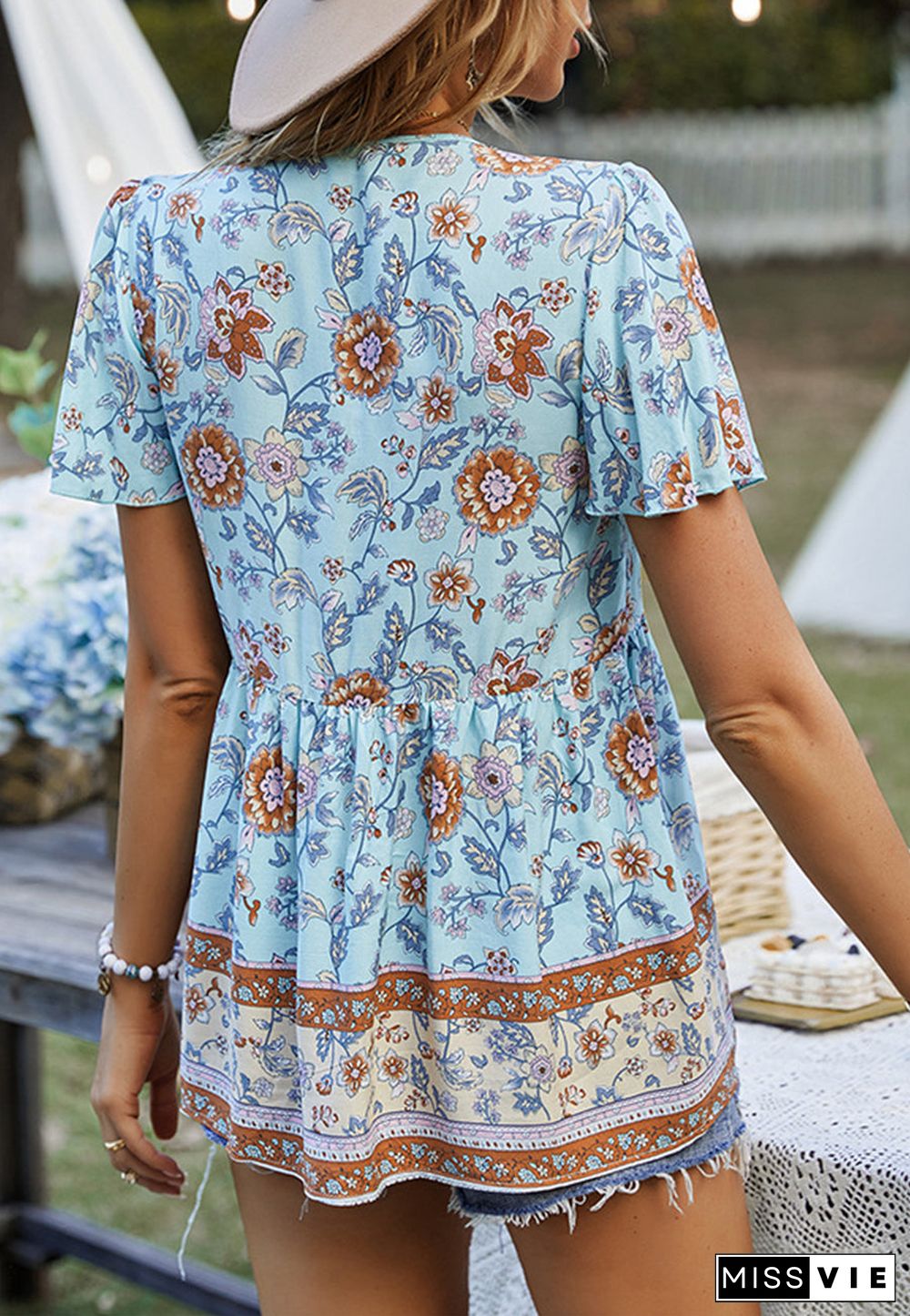 Tie V Neck Peplum Boho Blouse