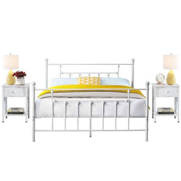 Taomika，（Set of 3）3-Pieces White Bedroom Set Platform Bed Frame and Modern Nightstand-2 - - 35026078