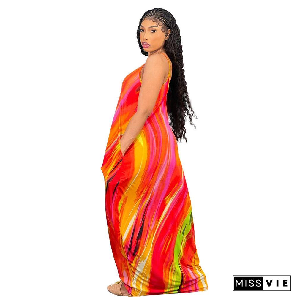 Tie Dye Print Loose Pockets Floor Length Dresses