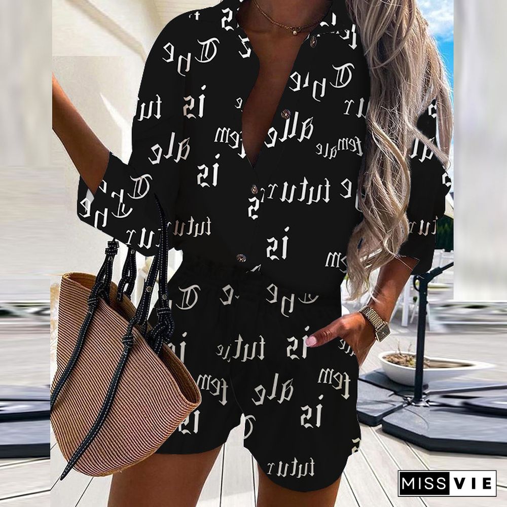 Casual Print Button Shirt Top And Shorts 2 Piece Set