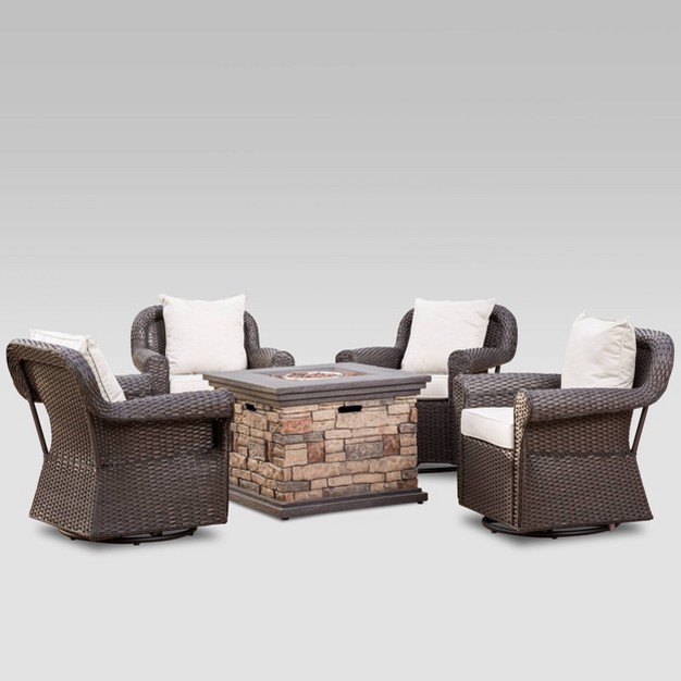 Ariel 5pc Wicker Rocking Chairs And Fire Pit Set Dark Brown beige Christopher Knight Home