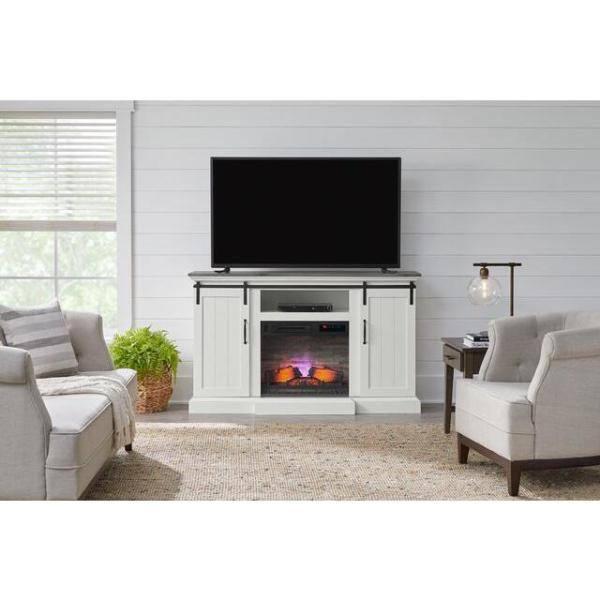 Home Decorators Collection Kerrington 60 in W. Freestanding Media Console Electric Fireplace TV Stand in White with Gray Top 150724