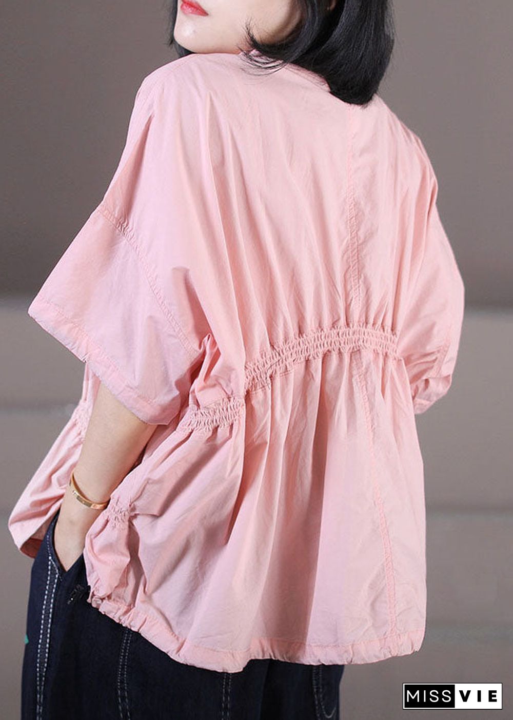 Plus Size Pink Wrinkled Drawstring Cotton Pullover Sweatshirt Top Summer