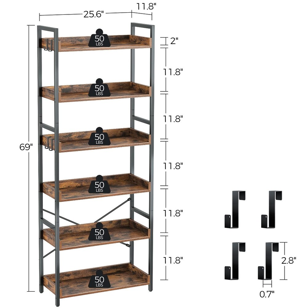 Bookshelf 6 Tier with 4 Hooks  Industrial Bookcase  Vintage Storage Rack with Open Shelves for Living Room  Bedroom