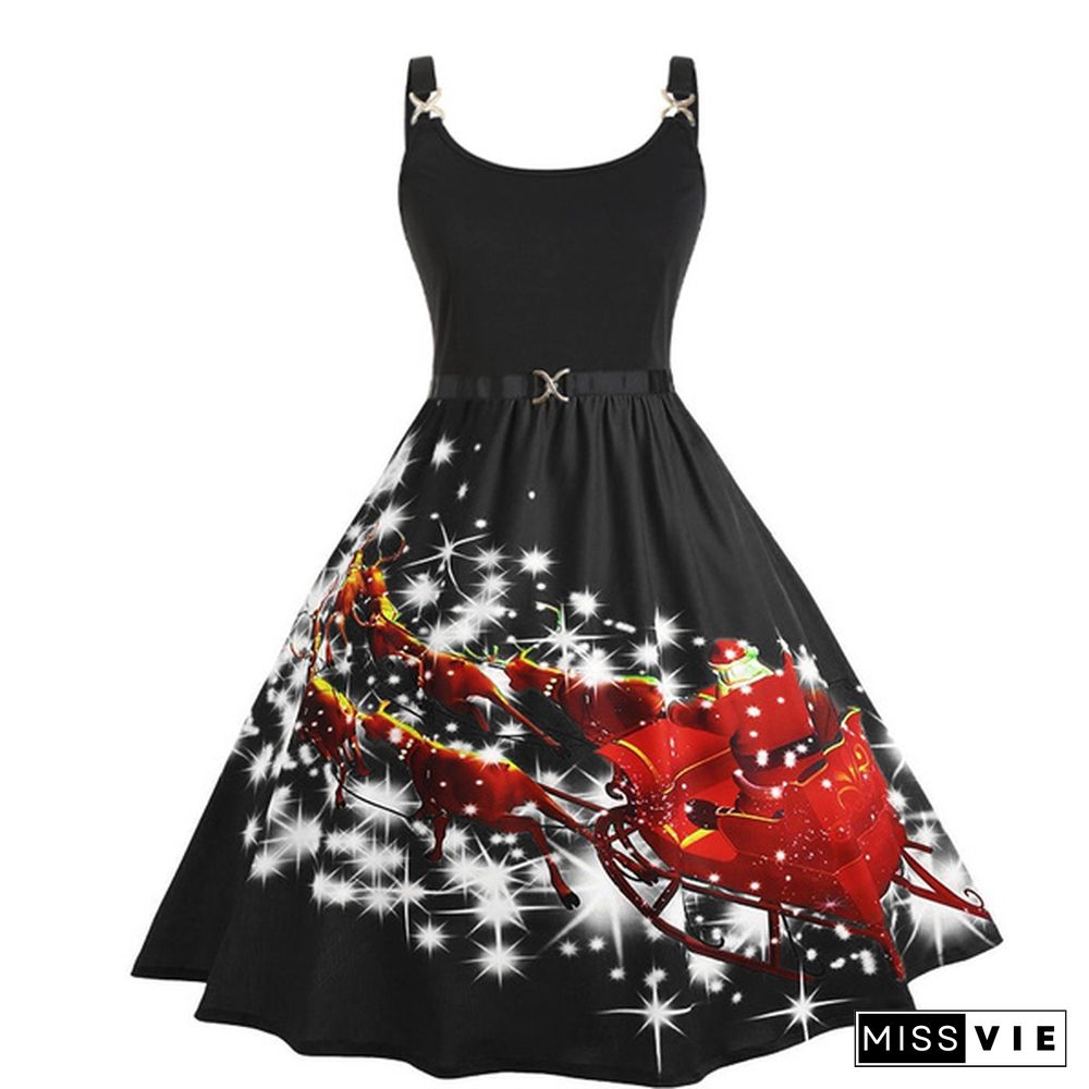 New Fashion Women Casual Merry Christmas Elk Santa Printed Slim Waist Sleevless Dresses Plus Size S-XXXXXL