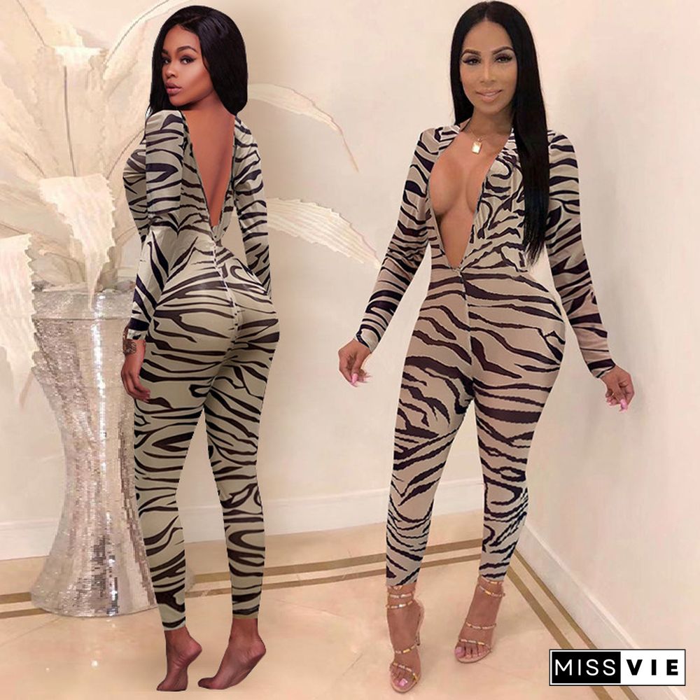 Women's Sexy Leopard Print Hollowed-back V-neck Jumpsuit