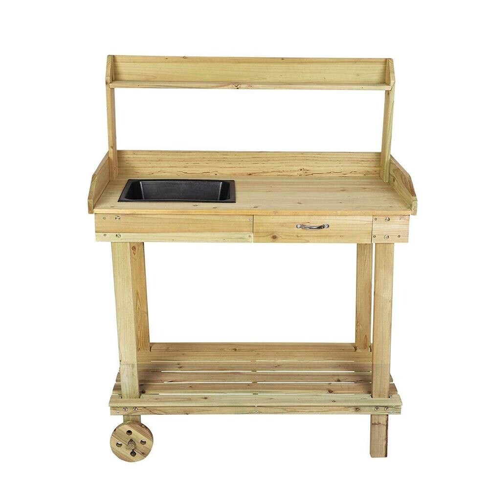 Potting Bench Table Wooden Gardening Plant Workstation Natural Solid Wood w/Wheels and Drawer Sink Hook Open Shelf