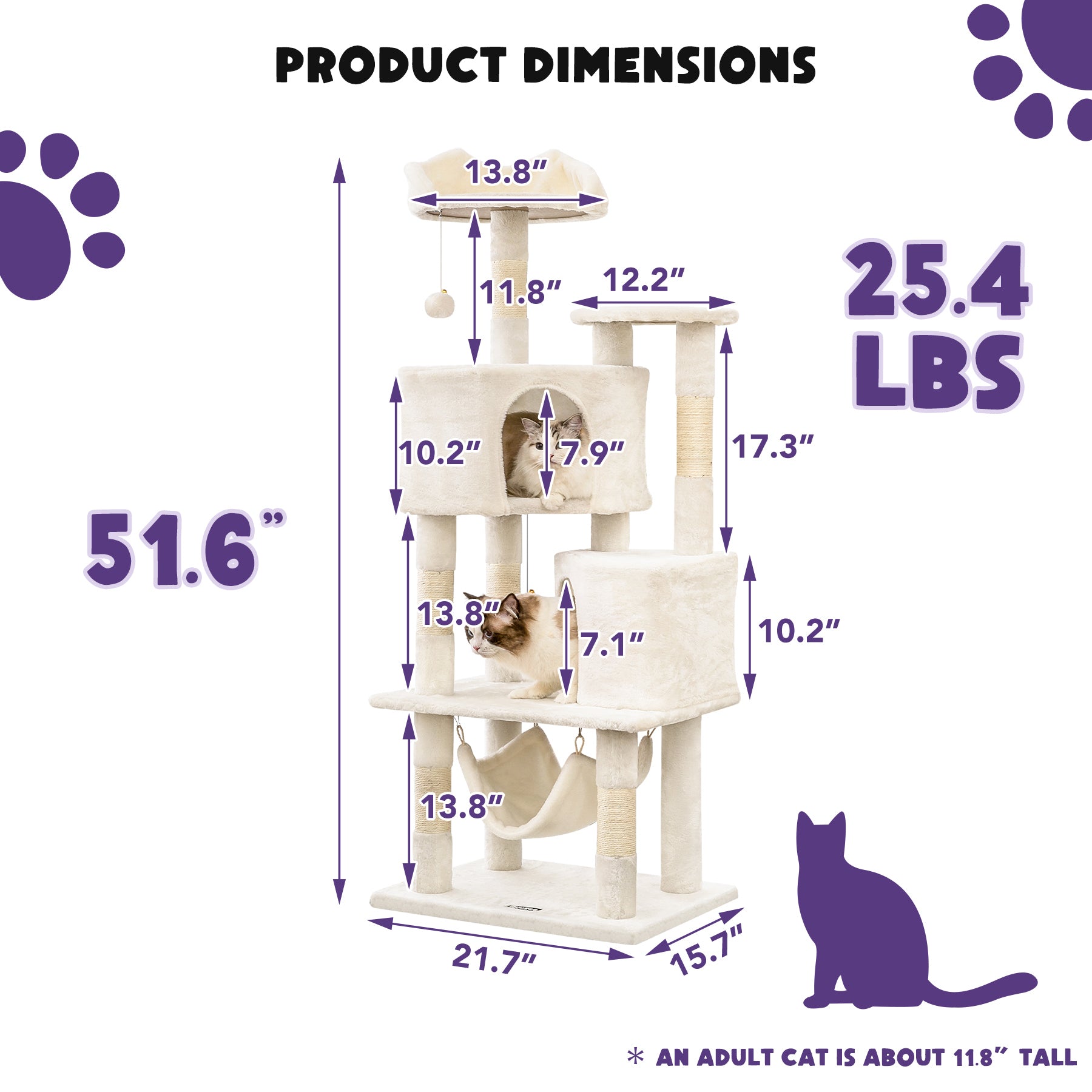 Quuzee 51.6-in Cat Tree Tower with Double Condo,Scratching Post Hammock, Beige