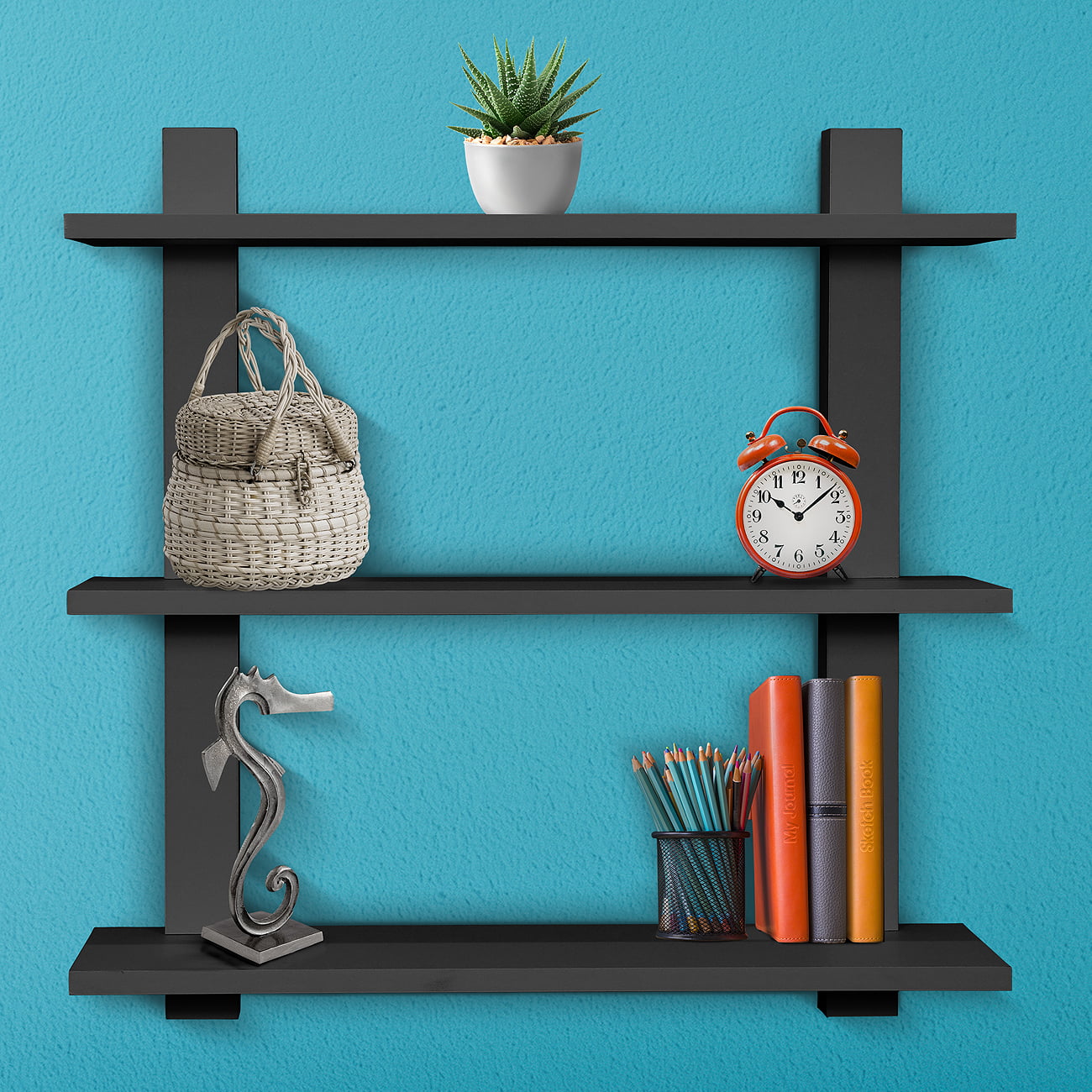 Sorbus 3 Tier Floating Shelves, for Photos, Decorative Items, and Much More - (Black) Medium Density Fiberboard, Wood