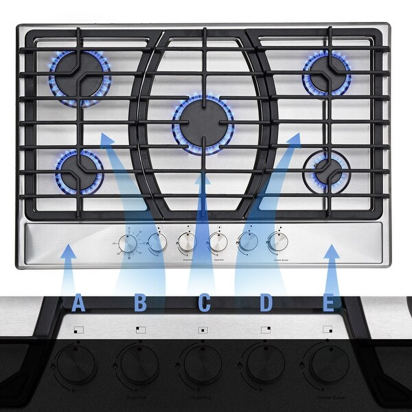 30 in. Gas Cooktop，Stainless Steel Gas Cooktop，NG/LPG Convertible Gas Burners，5 Burners Gas Stovetop，60-minute Timer.