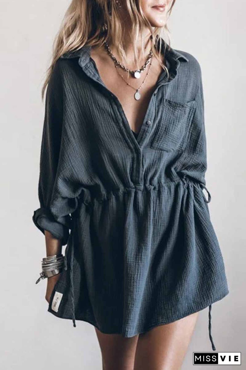 Casual Loose Cotton And Linen V-neck Dress