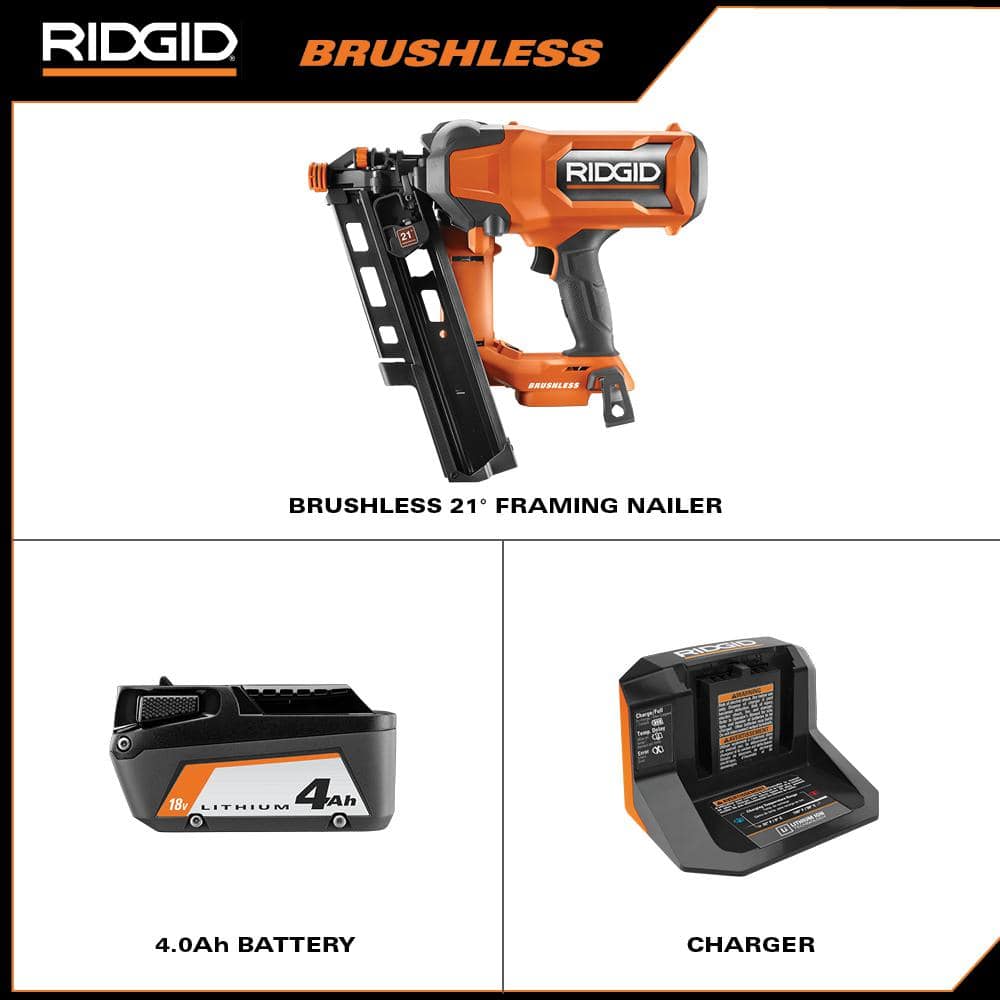 RIDGID 18V Brushless Cordless 21° 3-1/2 in. Framing Nailer Kit with 4.0 Ah Battery and Charger R09894KN