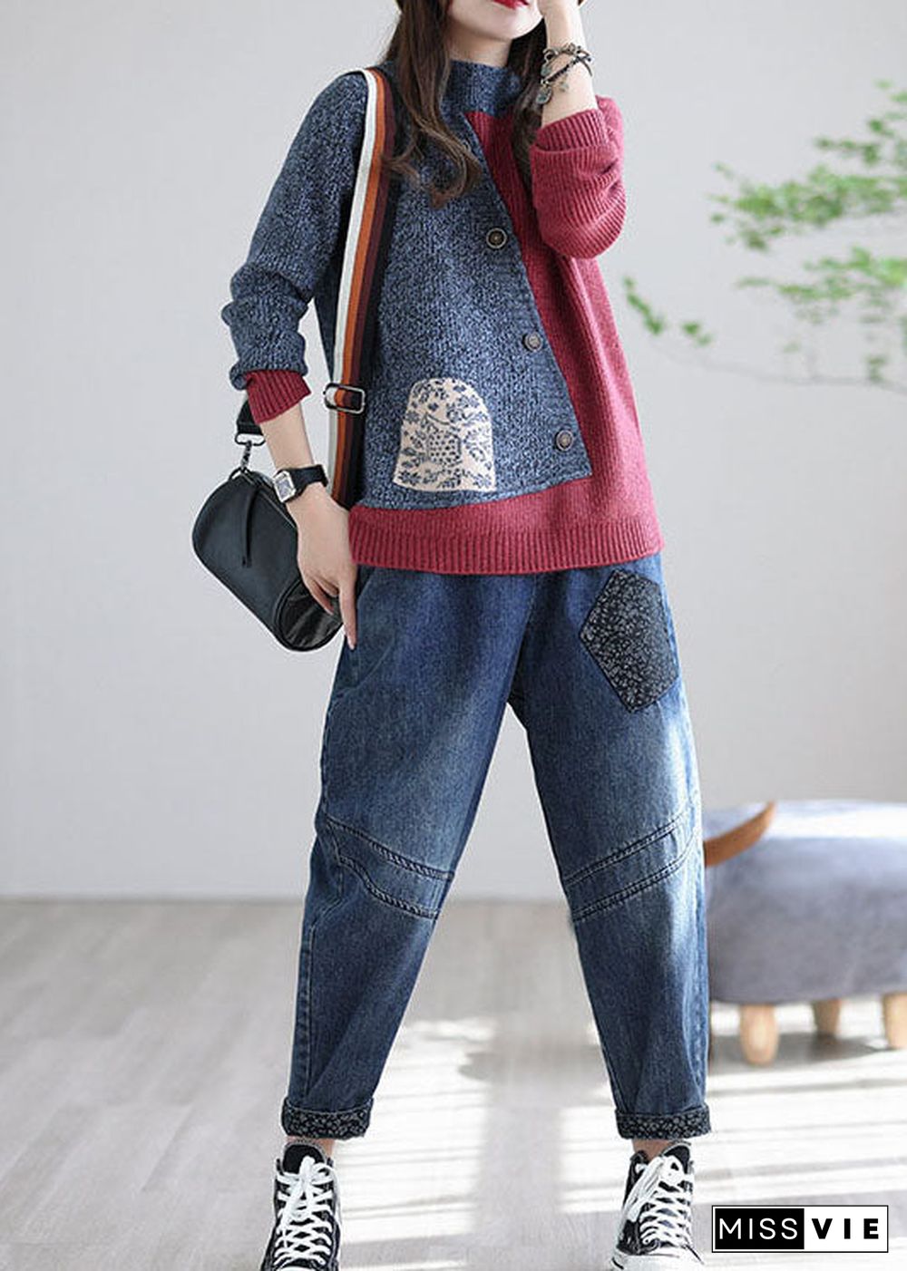 Plus size Red grey Stand Collar Patchwork Knit tops Spring