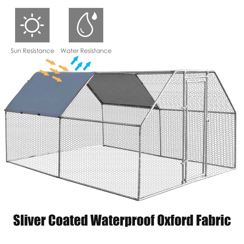 9.5' x 12.5' x 6' Galvanized Metal Large Walk-in Chicken Coop Cage Runs Hen House with Cover & Lockable Door