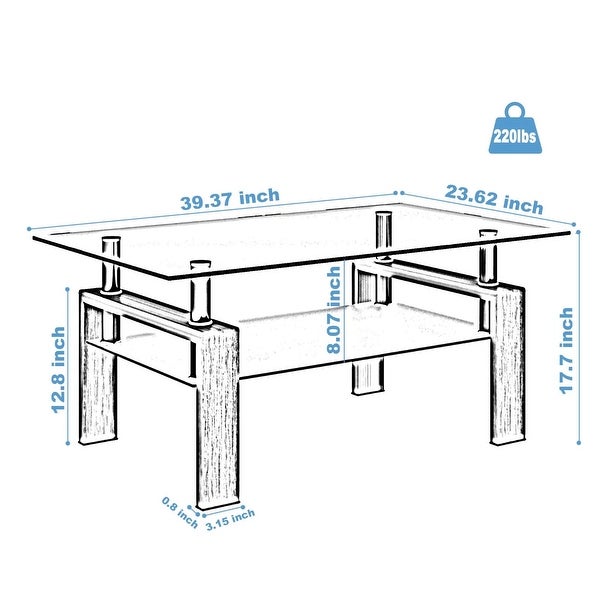 2-Tier Rectangle Black Glass Coffee Table， Clear Coffee Table，Modern Side Center Tables for Living Room， Office Furniture