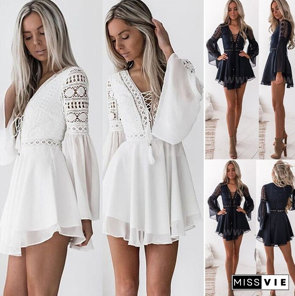 Women's A Line Dress Short Mini Dress White Black Red Long Sleeve Solid Color Ruffle Patchwork Spring Summer V Neck Hot Sexy Dresses