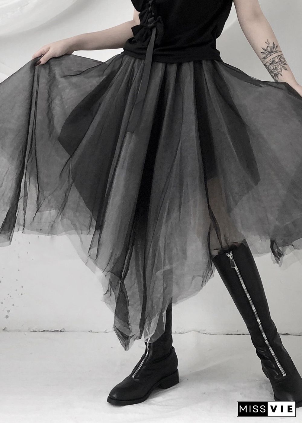 Boho Black Asymmetrical Layered Tulle Maxi Skirt