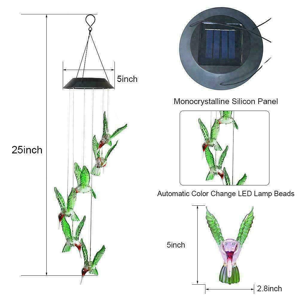 Solar Changing Wind Chime Light， EpicGadget Solar Powered Color-Changing LED Hanging Lamp Hummingbird Windchime Light for Outdoor Indoor Gardening Yard Pathway Decoration