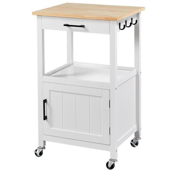 Wood Top Kitchen Island Rolling Cart with 1 Drawer and Single Door Storage， White