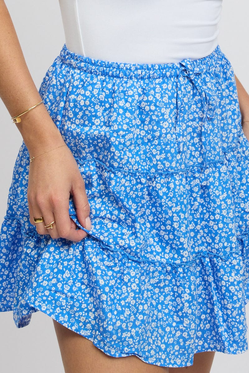 Blue Ditsy Skater Skirt High Rise Tiered Mini Lined