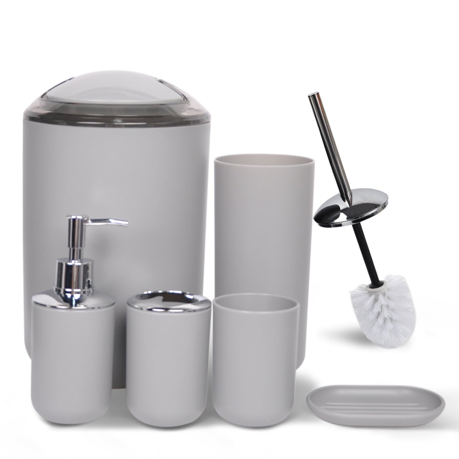 Cerbior 6 Pcs Plastic Bathroom Set Trash Can， Toothbrush Cup 1x Toilet Brush with Holder， Grey