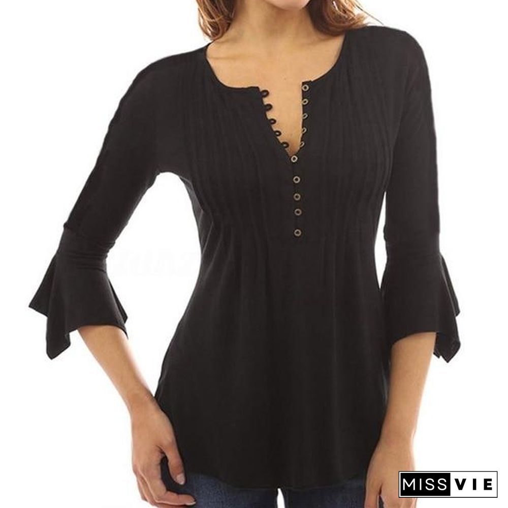 Women Elegant Ruffles Tops Plus Size Flare Sleeve Solid Casual Loose Shirt Blouse