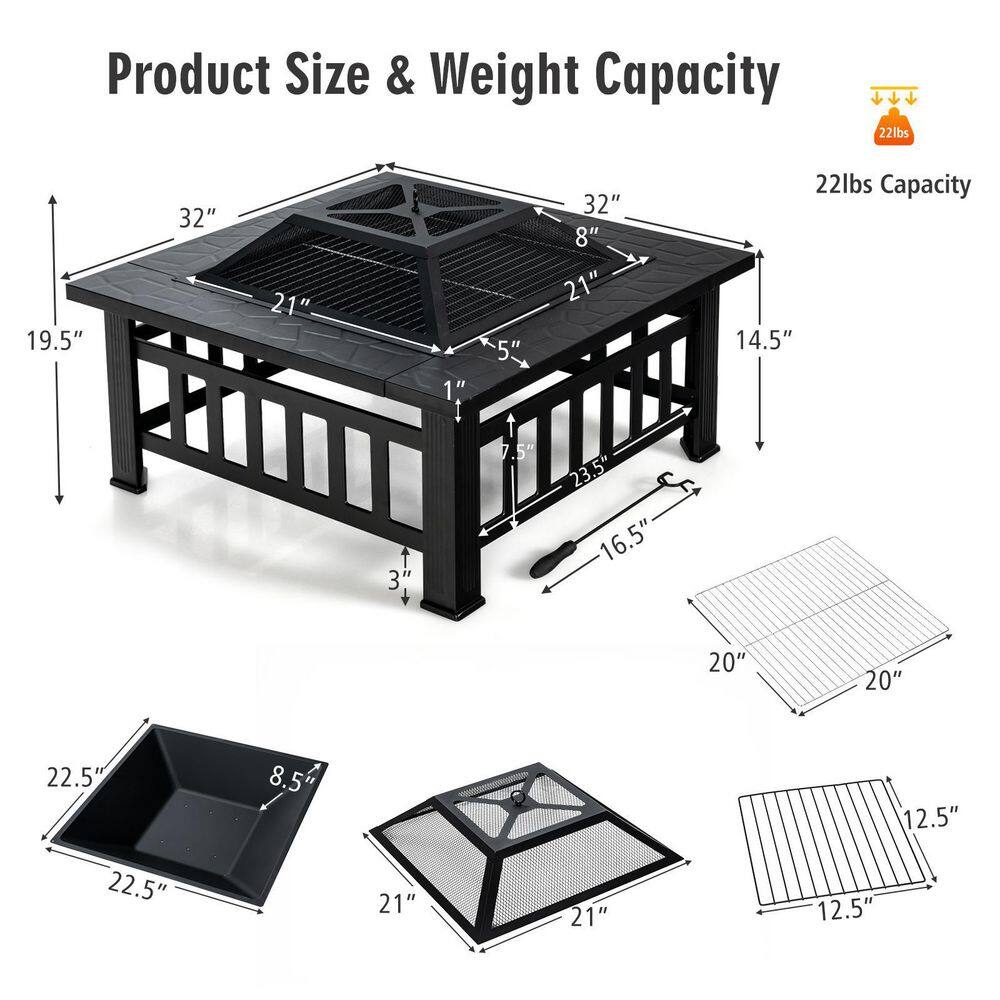 HONEY JOY 3-In-1 Square Metal Outdoor Fire Pit Table Patio Fire bowel wBBQ Grill and Rain Cover TOPB005643